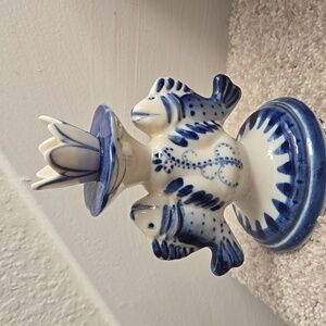 Blue & White Russian Hand Painted 'Gzhel' Style Candle Holder, Vintage USSR